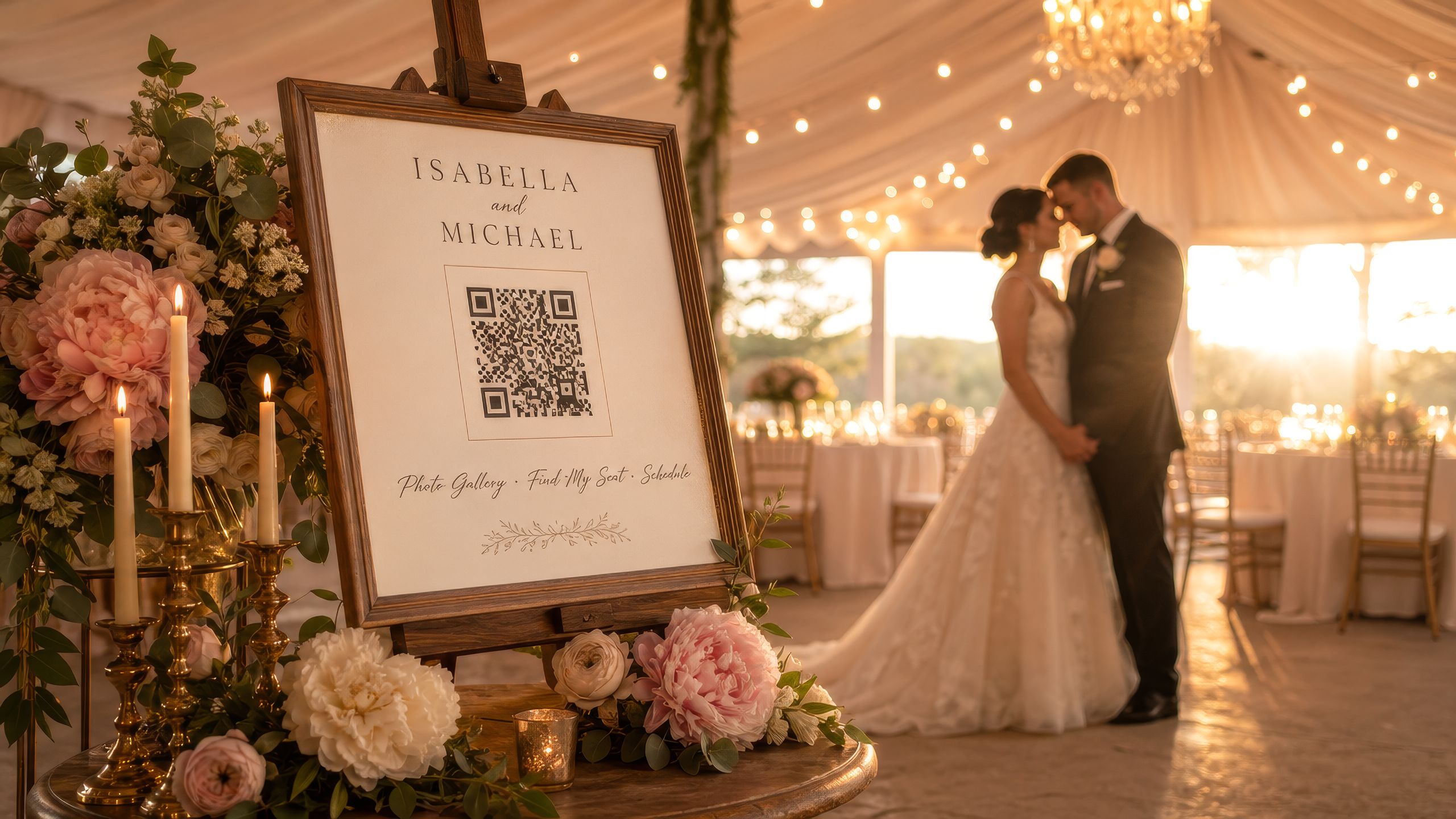 Bride and groom embracing at golden hour beside a OneQR sign at a tent wedding reception.