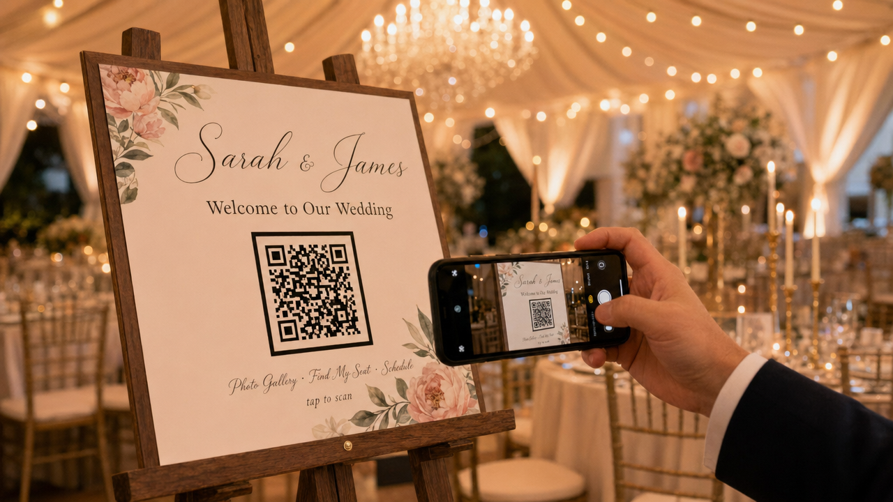 Wedding guest scanning a OneQR code at the welcome table — one code unlocks photo gallery, seating chart, and schedule.