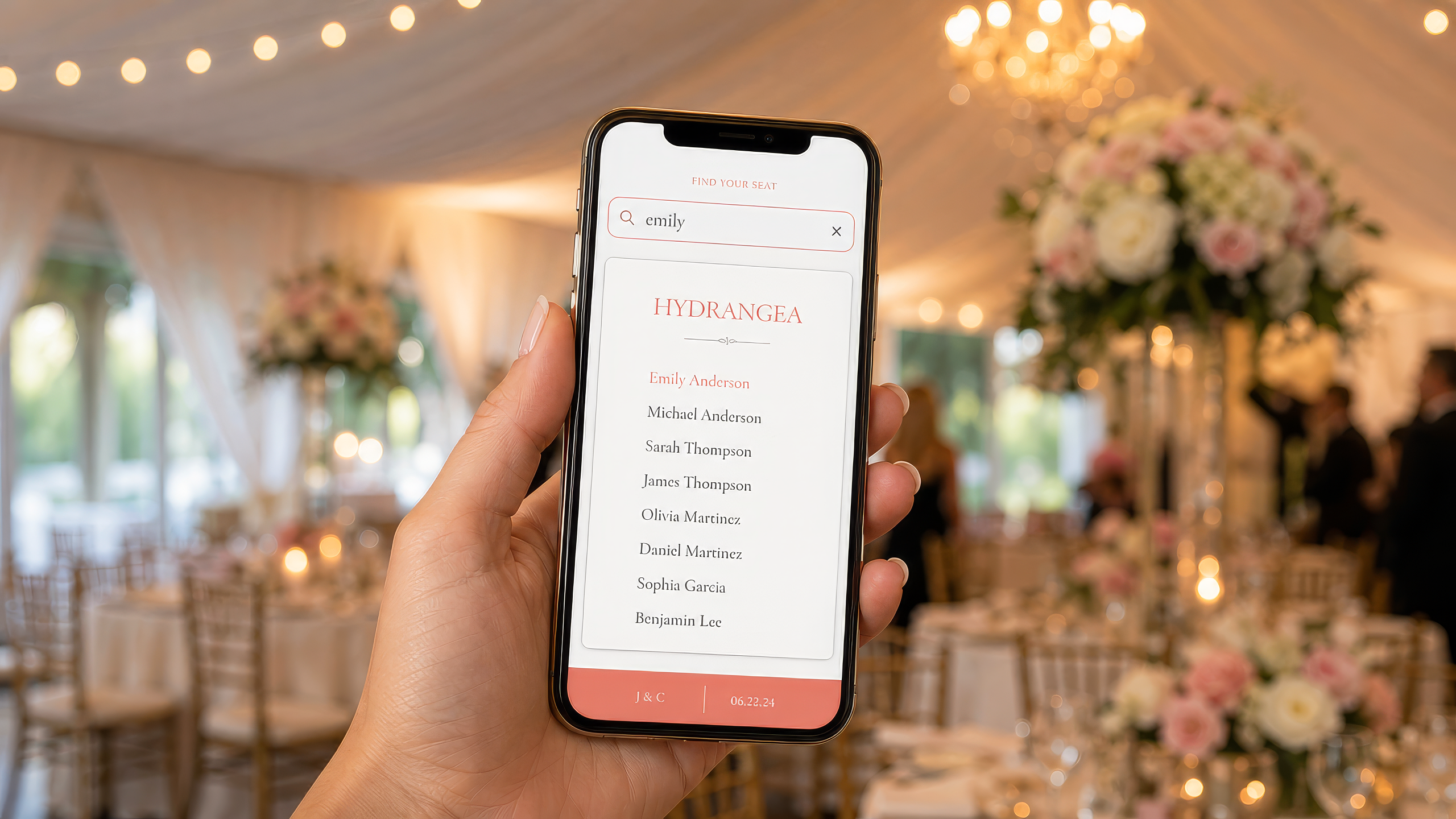 Wedding guest using OneQR Find My Seat to look up her table number from her phone.