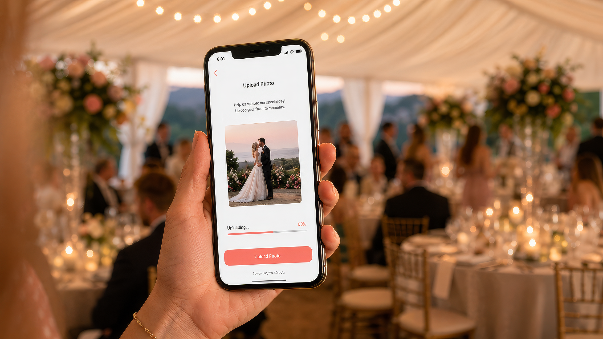 Wedding guest uploading candid photos from her phone to the OneQR private gallery.
